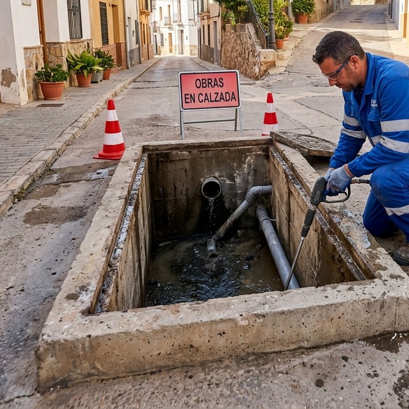 Limpieza de una arqueta de saneamiento en la calle Operario limpiando con agua a presión una arqueta de saneamiento abierta en una calle señalizada