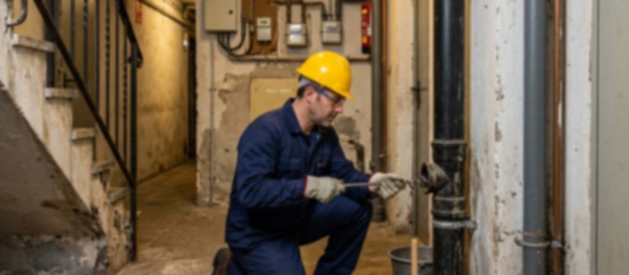 Técnico con casco desatascando la bajante general en el sótano de una comunidad de vecinos