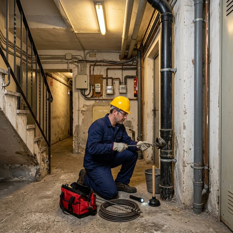 Técnico con casco desatascando la bajante general en el sótano de una comunidad de vecinos