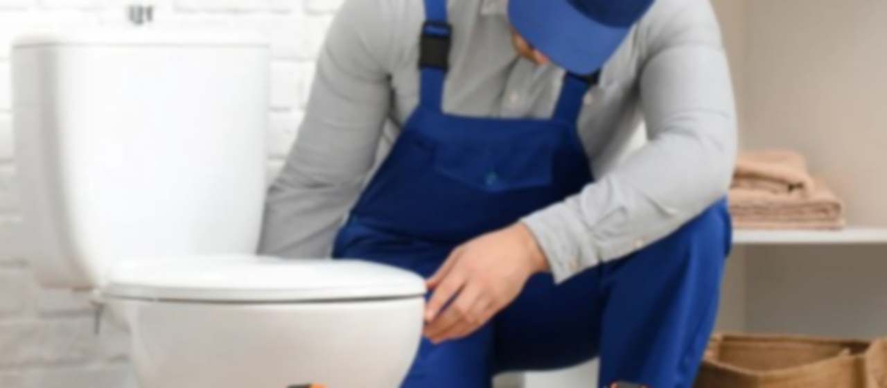 Técnico con mono de trabajo revisando un inodoro atascado con la caja de herramientas al lado