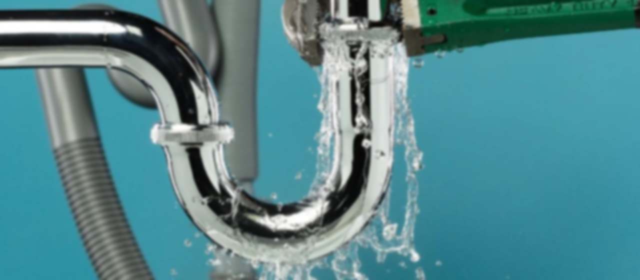Agua saliendo a presión por la unión de un sifón cromado mientras se aprieta con una llave