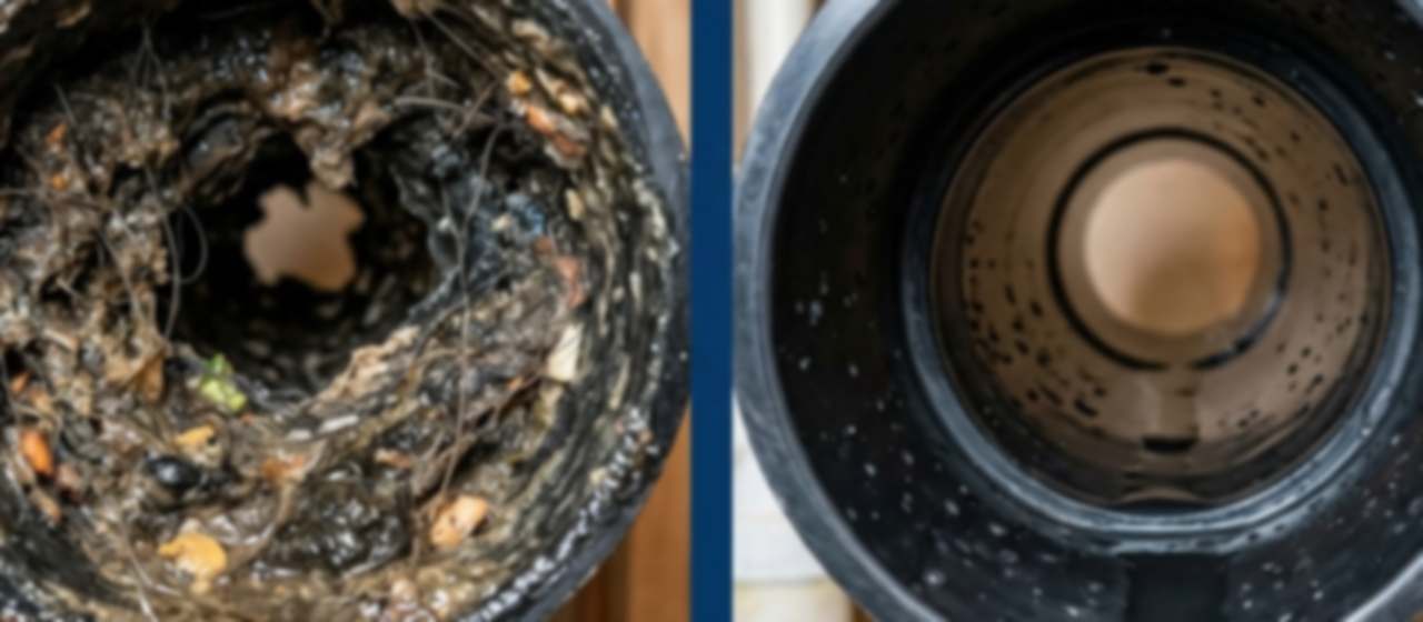 Comparativa de una tubería obstruida por grasa y la misma tubería limpia tras el hidrojetting