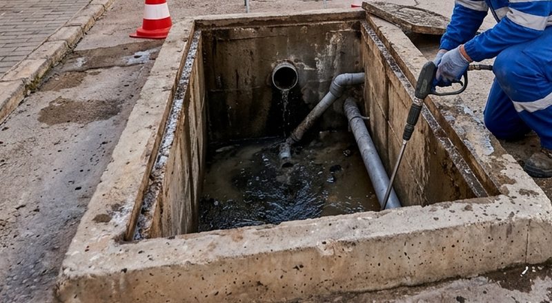 Limpieza de una arqueta de saneamiento en la calle Operario limpiando con agua a presión una arqueta de saneamiento abierta en una calle señalizada