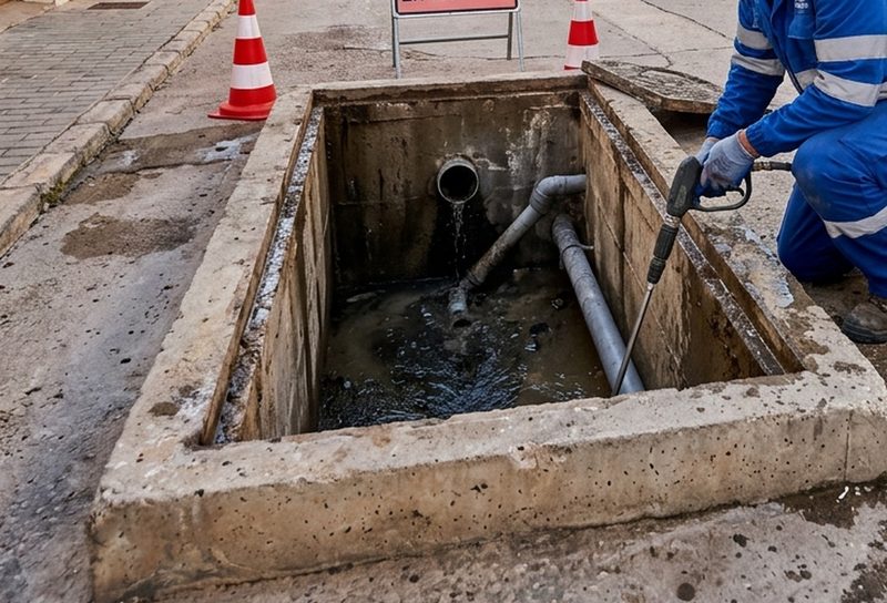 Operario limpiando con agua a presión una arqueta de saneamiento abierta en una calle señalizada