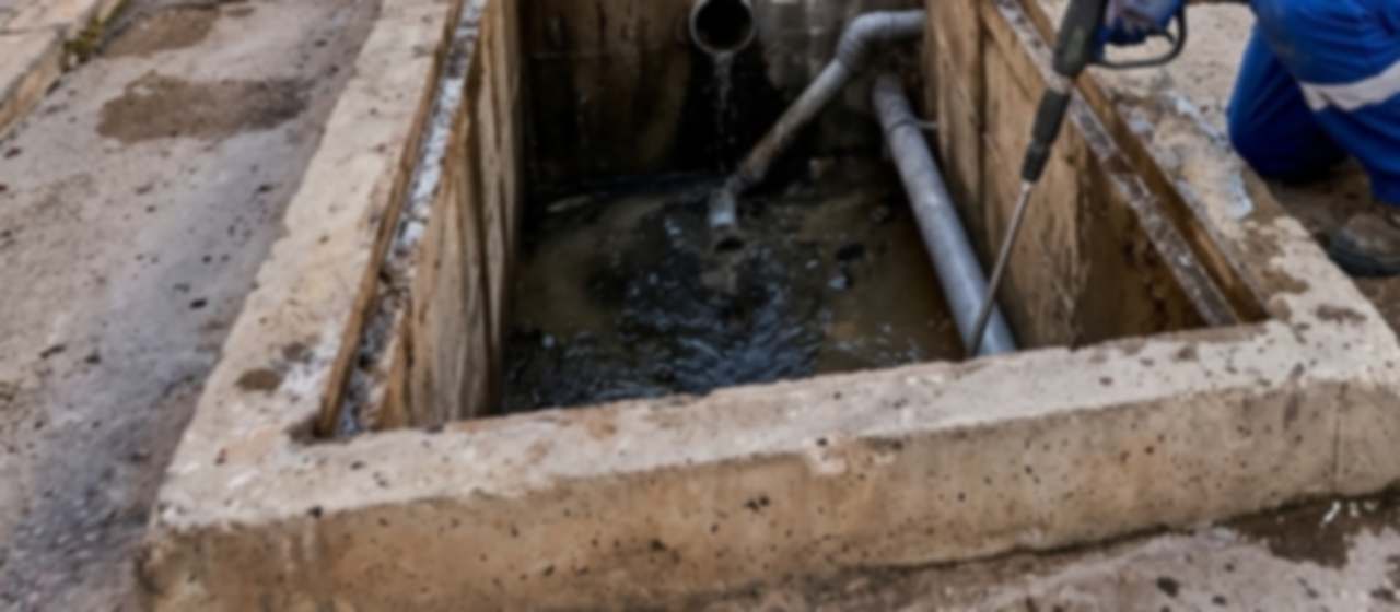 Operario limpiando con agua a presión una arqueta de saneamiento abierta en una calle señalizada