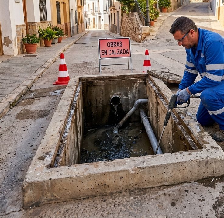 Operario limpiando con agua a presión una arqueta de saneamiento abierta en una calle señalizada
