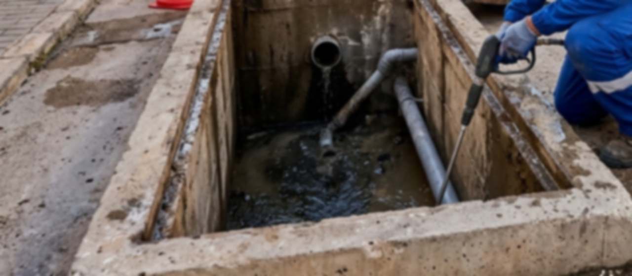 Operario limpiando con agua a presión una arqueta de saneamiento abierta en una calle señalizada
