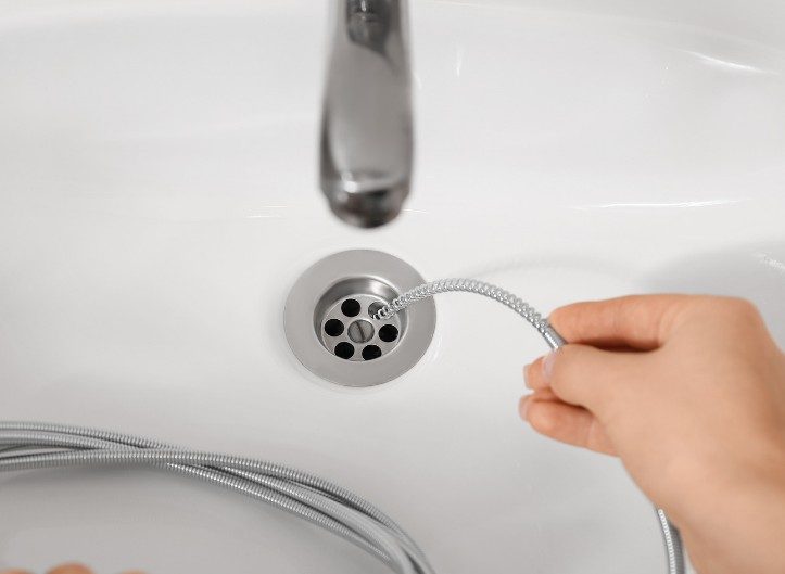 Muelle desatascador en el desagüe de un lavabo Mano introduciendo un muelle desatascador flexible por el desagüe de un lavabo